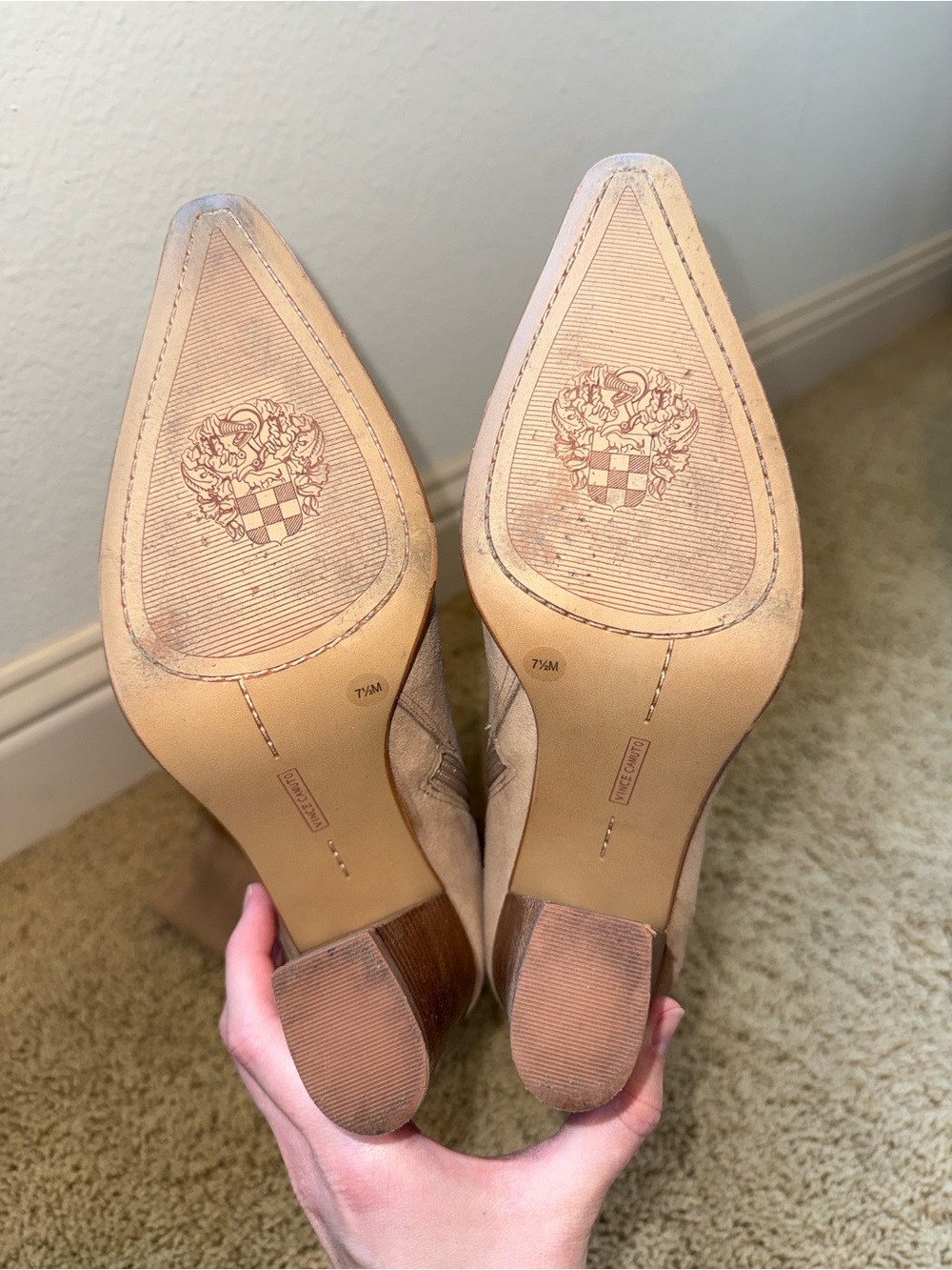 Vince Camuto Derika Knee High Pointed-Toe Suede Boots in Beige - Picture 5 of 8